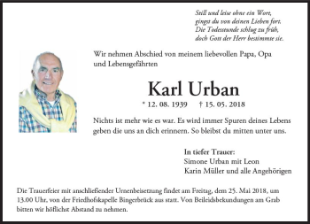 Traueranzeige von Karl Urban von Trauerportal Rhein Main Presse