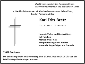 Traueranzeige von Karl Fritz Bretz von Trauerportal Rhein Main Presse