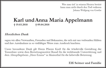 Traueranzeige von Karl und Anna maria Appelmann von Trauerportal Rhein Main Presse