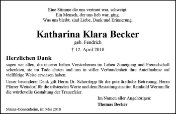 Traueranzeige von Katharina Klara Becker von Trauerportal Rhein Main Presse