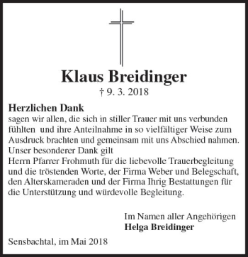 Traueranzeige von Klaus Breidinger von Trauerportal Rhein Main Presse