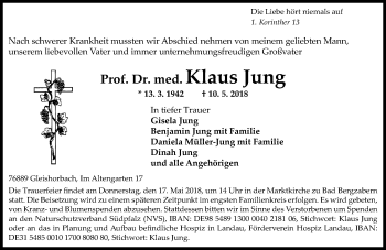 Traueranzeige von Klaus Jung von Trauerportal Rhein Main Presse