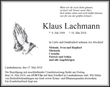Traueranzeige von Klaus Lachmann von VRM Trauer