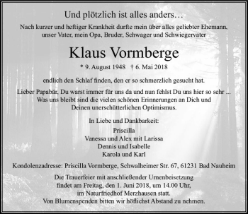 Traueranzeige von Klaus Vormberge von  Usinger Anzeiger