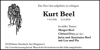 Traueranzeige von Kurt Beel von Trauerportal Rhein Main Presse