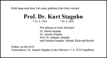 Traueranzeige von Kurt Staguhn von  Gießener Anzeiger