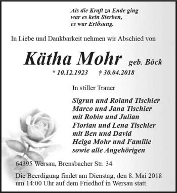 Traueranzeige von Kätha Mohr von Trauerportal Rhein Main Presse