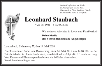 Traueranzeige von Leonhard Staubach von VRM Trauer