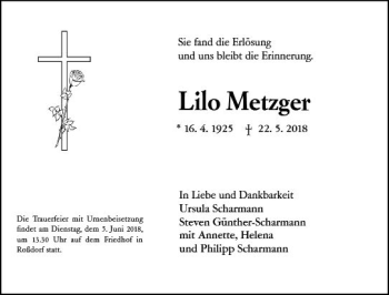 Traueranzeige von Lilo Metzger von Trauerportal Rhein Main Presse