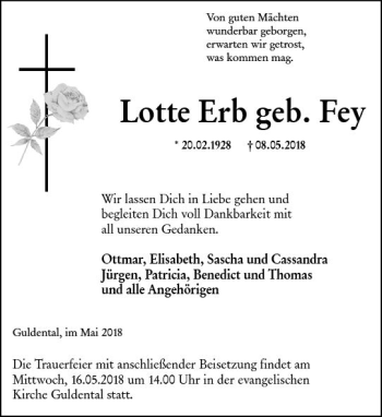 Traueranzeige von Lotte Erb von Trauerportal Rhein Main Presse