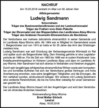 Traueranzeige von Ludwig Sandmann von Trauerportal Rhein Main Presse