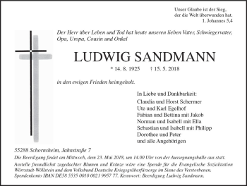 Traueranzeige von Ludwig Sandmann von Trauerportal Rhein Main Presse