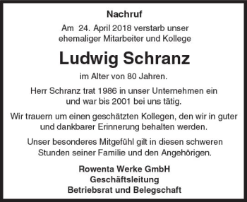 Traueranzeige von Ludwig Schranz von Trauerportal Rhein Main Presse