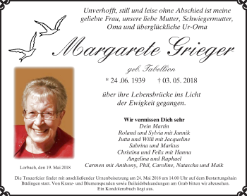 Traueranzeige von Margarete Grieger von  Kreisanzeiger
