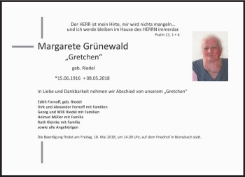Traueranzeige von Margarete Grünewald von Trauerportal Rhein Main Presse
