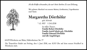 Traueranzeige von Margaretha Dörrhöfer von Trauerportal Rhein Main Presse