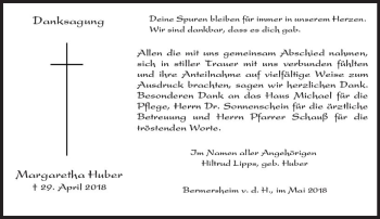 Traueranzeige von Margaretha Huber von Trauerportal Rhein Main Presse