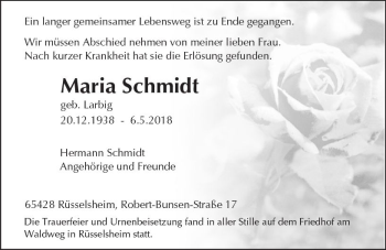 Traueranzeige von Maria Schmidt von Trauerportal Rhein Main Presse