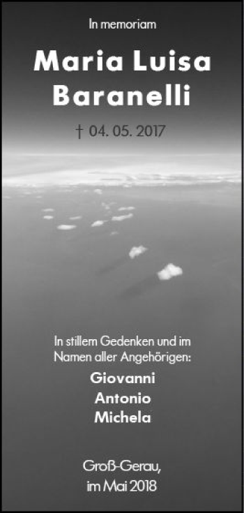 Traueranzeige von Maria Luisa Baranelli von Trauerportal Rhein Main Presse