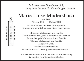 Traueranzeige von Marie Luise Mudersbach von  Usinger Anzeiger