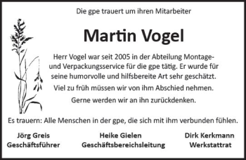 Traueranzeige von Martin Vogel von Trauerportal Rhein Main Presse