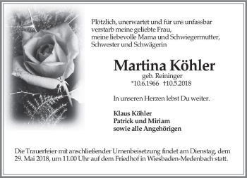 Traueranzeige von Martina Köhler von Trauerportal Rhein Main Presse