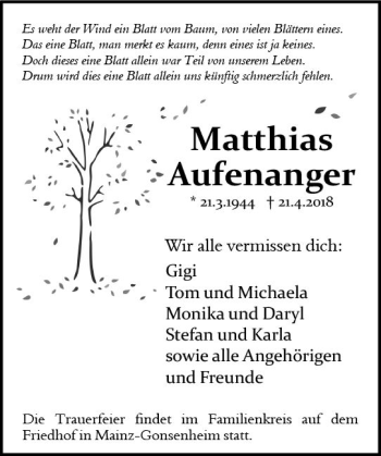 Traueranzeige von Matthias Aufenanger von Trauerportal Rhein Main Presse