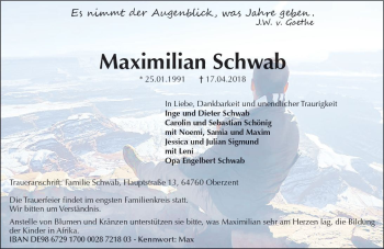 Traueranzeige von Maximilian Schwab von Trauerportal Rhein Main Presse