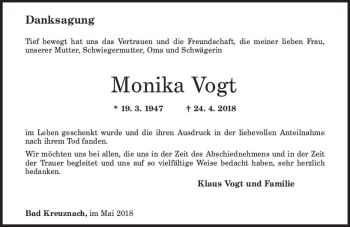 Traueranzeige von Monika Vogt von Trauerportal Rhein Main Presse