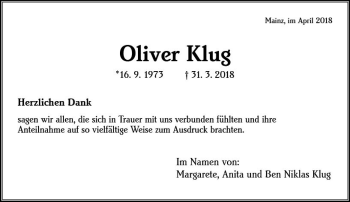 Traueranzeige von Oliver Klug von Trauerportal Rhein Main Presse