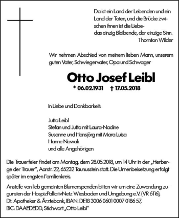 Traueranzeige von Otto Josef Leibl von Trauerportal Rhein Main Presse