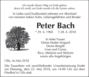 Traueranzeige von Peter Bach von  Kreisanzeiger