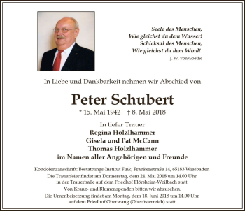 Traueranzeige von Peter Schubert von Trauerportal Rhein Main Presse
