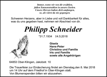 Traueranzeige von Philipp Schneider von Trauerportal Rhein Main Presse