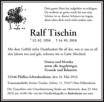 Traueranzeige von Ralf Tischin von Trauerportal Rhein Main Presse