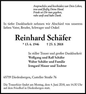 Traueranzeige von Reinhard Schäfer von Trauerportal Rhein Main Presse