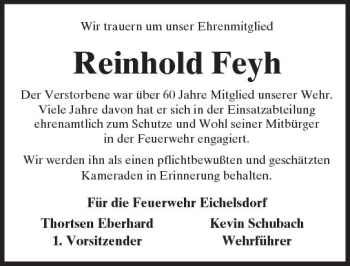 Traueranzeige von Reinhold Feyh von  Kreisanzeiger