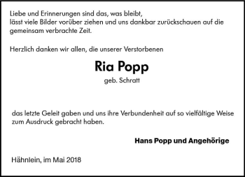Traueranzeige von Ria Popp von Trauerportal Rhein Main Presse
