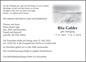 Traueranzeige von Rita Gabler von  Gießener Anzeiger