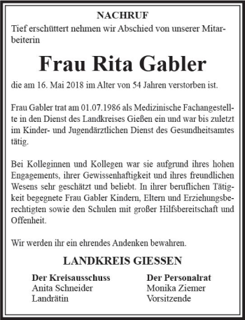 Traueranzeige von Rita Gabler von  Gießener Anzeiger