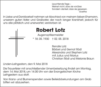 Traueranzeige von Robert Lotz von  Gießener Anzeiger
