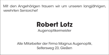 Traueranzeige von Robert Lotz von  Gießener Anzeiger
