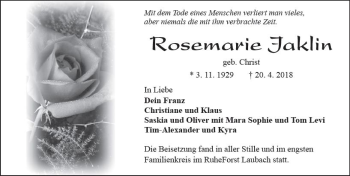 Traueranzeige von Rosemarie Jaklin von  Kreisanzeiger