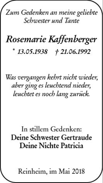 Traueranzeige von Rosemarie Kaffenberger von Trauerportal Rhein Main Presse