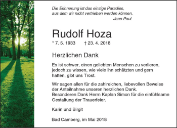 Traueranzeige von Rudolf Hoza von  Camberger Anzeiger