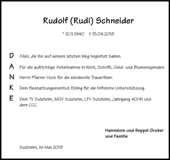 Traueranzeige von Rudolf Rudi Schneider von Trauerportal Rhein Main Presse