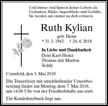 Traueranzeige von Ruth Kylian von VRM Trauer