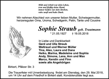 Traueranzeige von Sophie Straub von Trauerportal Rhein Main Presse