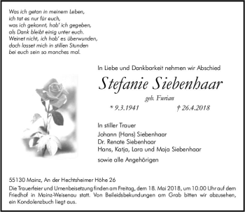 Traueranzeige von Stefanie Siebenhaar von Trauerportal Rhein Main Presse