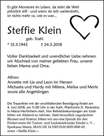 Traueranzeige von Steffie Klein von Trauerportal Rhein Main Presse
